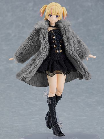 figma#581a 女性素体（有纪） 黑色紧身连衣裙＋毛皮大衣