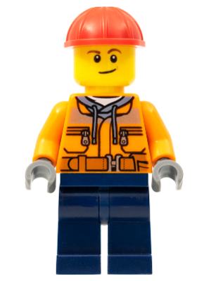 Construction Worker - Male, Chest Pocket Zippers, Belt over Dark Gray Hoodie, Dark Blue Legs, Red Construction Helmet