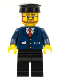 Dark Blue Suit with Train Logo, Black Legs, Black Hat, Beard and Glasses