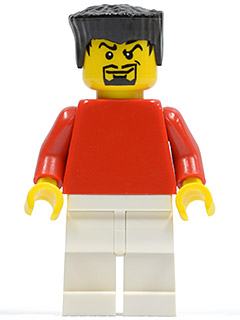 Plain Red Torso with Red Arms, White Legs, Black Flat Top Hair (Soccer Player)