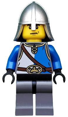 Castle - King's Knight Blue and White with Chest Strap and Crown Belt, Helmet with Neck Protector, Angry Eyebrows and Scowl