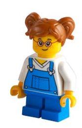 Girl - Blue Overalls over V-Neck Shirt, Dark Orange Hair Short, Parted with Two Pigtails, Red Glasses