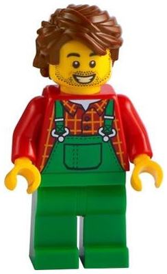 Farmer - Overalls Green, Red Plaid Shirt, Reddish Brown Hair Swept Back Tousled