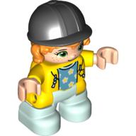 Duplo Figure Lego Ville, Child Girl, Light Aqua Legs, Yellow Jacket with Medium Azure Top with Flowers, Orange Hair, Black Riding Helmet