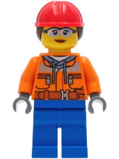 Construction Worker - Female, Chest Pocket Zippers, Belt over Dark Gray Hoodie, Blue Legs, Red Helmet with Dark Brown Hair