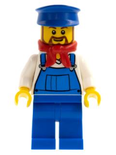 Overalls Blue over V-Neck Shirt, Blue Legs, Blue Hat, Brown Beard Rounded - Cargo Train Driver