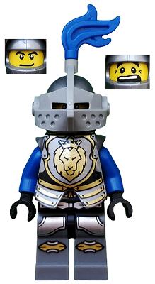 Castle - King's Knight Armor with Lion Head with Crown, Helmet with Pointed Visor, Blue Plume, Determined / Open Mouth Scared Pattern