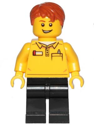 LEGO Store Employee, Black Legs, Dark Orange Tousled Hair, Lopsided Grin