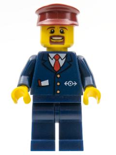 Dark Blue Suit with Train Logo, Dark Blue Legs, Dark Red Hat, Brown Moustache and Goatee