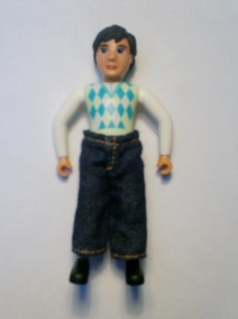 Belville Male - Black Legs, White Arms, Light Lime / Turquoise / White Argyle Top, Black Hair, Jeans