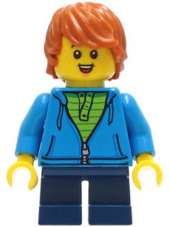 Boy - Dark Azure Hoodie with Green Striped Shirt, Dark Blue Short Legs, Dark Orange Hair, Freckles, Small Open Smile with Tongue