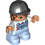 Duplo Figure Lego Ville, Child Girl, Bright Light Blue Legs with Overalls, White Top, Reddish Brown Hair, Black Riding Helmet