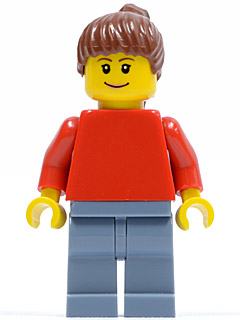 Plain Red Torso with Red Arms, Sand Blue Legs, Reddish Brown Ponytail Hair (Soccer Fan)