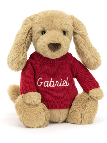 Bashful Toffee Puppy with Personalised Red Jumper