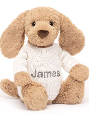 Bashful Toffee Puppy with Personalised Cream Jumper