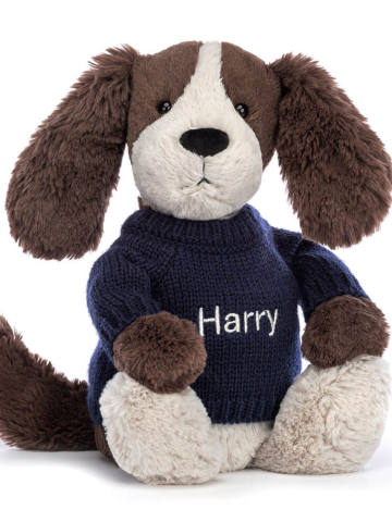 Bashful Fudge Puppy with Personalised Navy Jumper