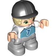 Duplo Figure Lego Ville, Child Boy, Light Bluish Gray Legs, Medium Azure Top with Number 7, Tan Hair, Black Riding Helmet