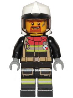 Fire - Reflective Stripes, Black Legs and Jacket with Dark Red Collar, Fire Helmet, Trans-Black Visor, Brown Goatee