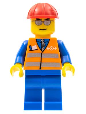 Orange Vest with Safety Stripes - Blue Legs, Silver Glasses, Red Construction Helmet