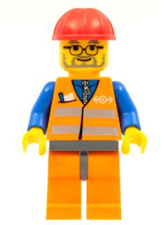 Orange Vest with Safety Stripes - Orange Legs and Dark Bluish Gray Hips, Red Construction Helmet, Dark Bluish Gray Beard, Glasses