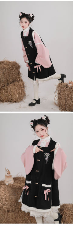 毛绒立领短袄方领绣花长比甲-资料图