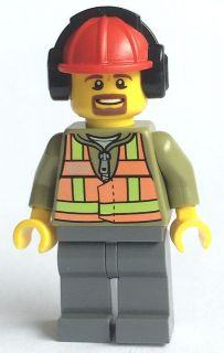 Light Orange Safety Vest, Dark Bluish Gray Legs, Red Construction Helmet with Headset, Brown Moustache and Goatee