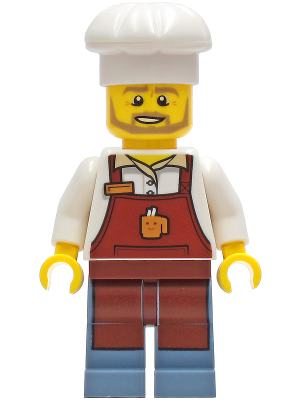 Baker - Male, Reddish Brown Apron with Cup and Name Tag, White Cook's Hat