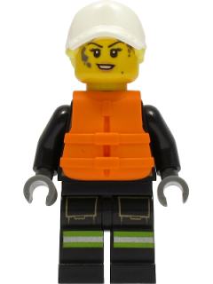 Fire - Female, Black Jacket and Legs with Reflective Stripes and Dark Red Collar, Bright Light Yellow Hair, White Cap, Orange Life Jacket