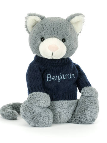 Bashful Kitten with Personalised Navy Jumper